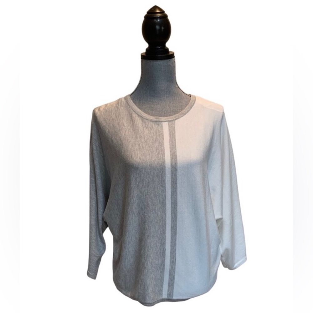 Magaschoni Light Gray & White Vertical Stripe Crewneck Top